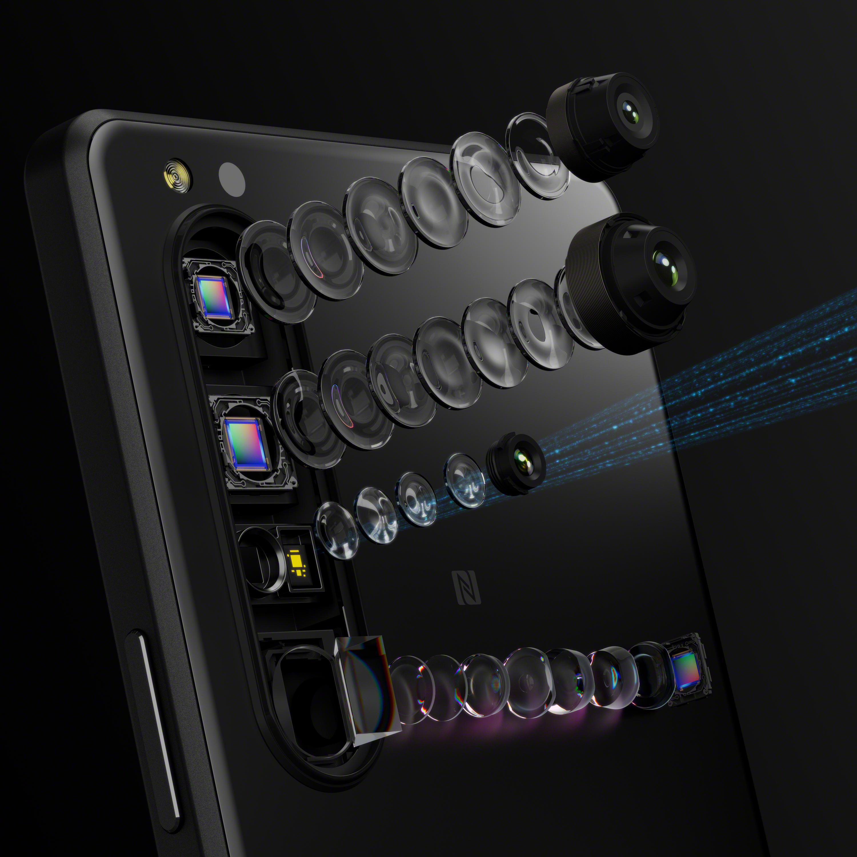 Nahaufnahme einer Smartphone-Kamera mit Linsen und internen Komponenten. Der Hintergrund ist schwarz.