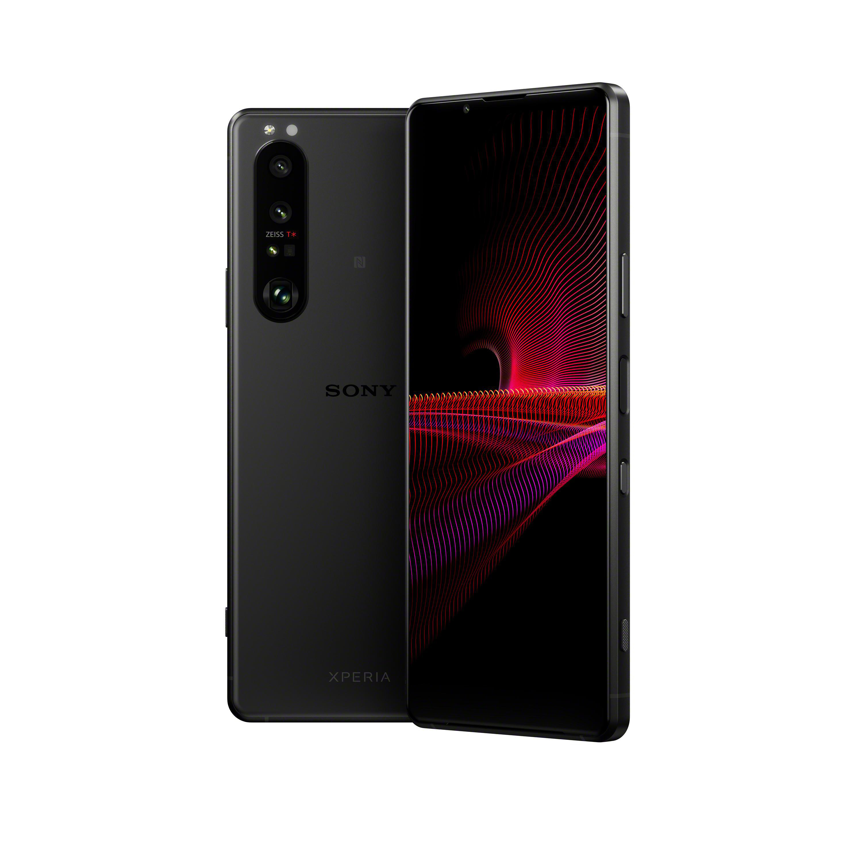 Schwarzes Sony-Telefon mit rotem Farbverlauf auf dem Bildschirm, ein weiteres dahinter.