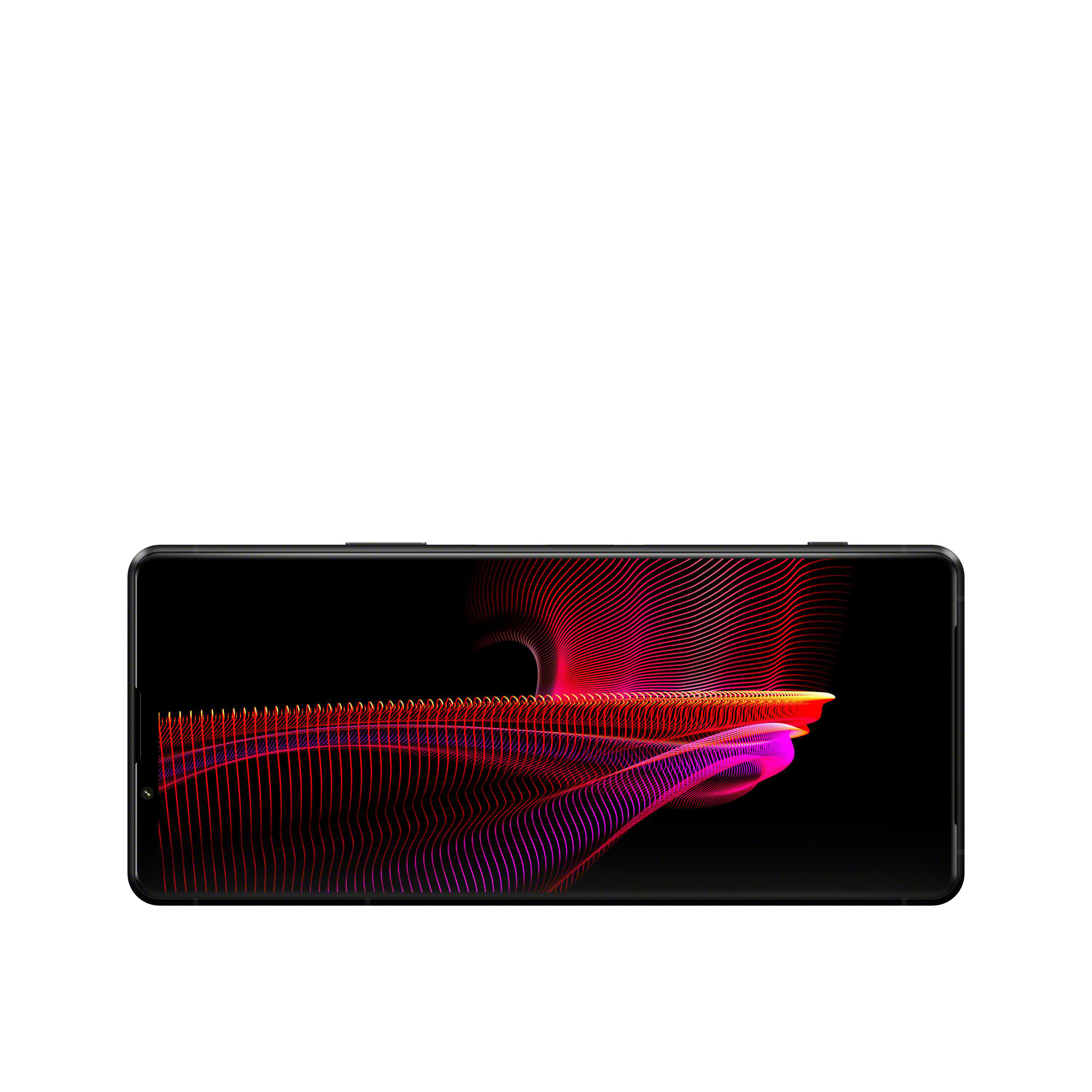 Smartphone mit schwarzem Bildschirm, der ein wellenförmiges rotes und lila Design zeigt.