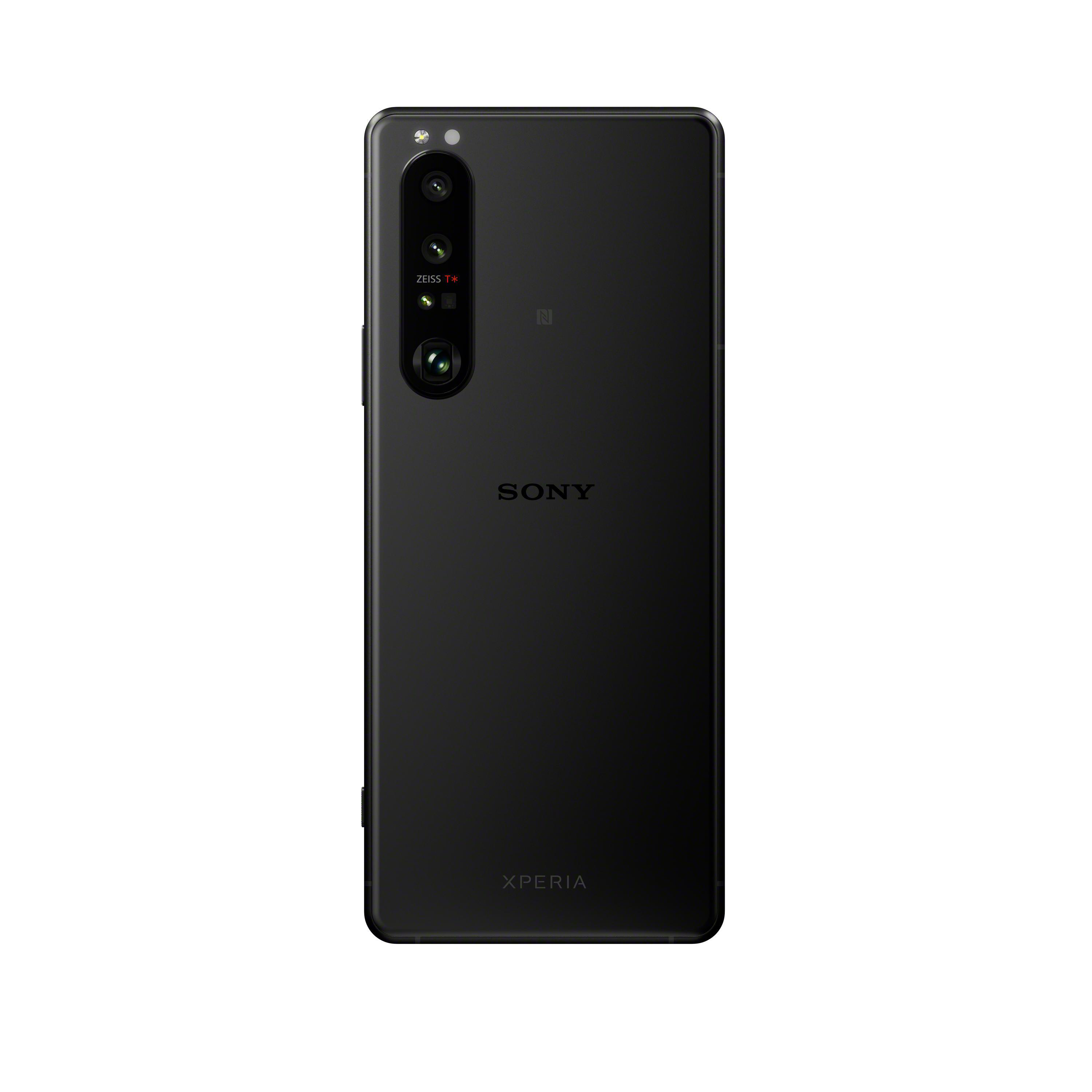Schwarzes Sony Xperia-Telefon, Rückansicht, mit Kameralinsen und Sony-Logo.