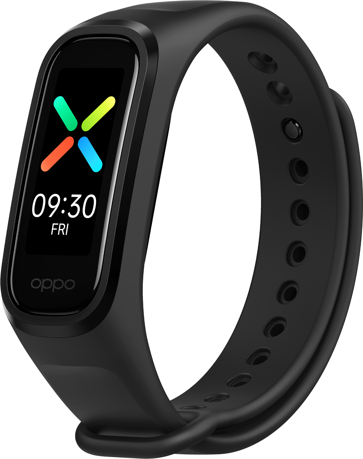 Zwarte OPPO smartband die de tijd en datum weergeeft met een kleurrijk X-vormig logo op het scherm.