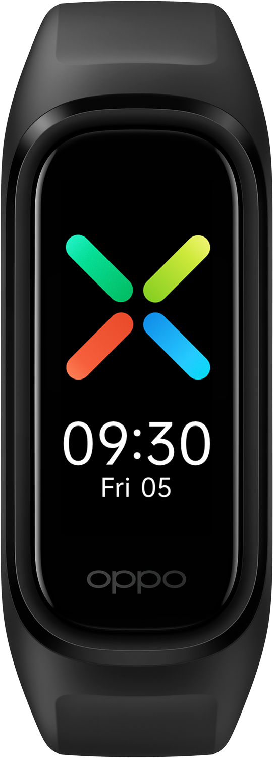 Zwarte Oppo fitnesstracker met tijd en logo op het scherm.