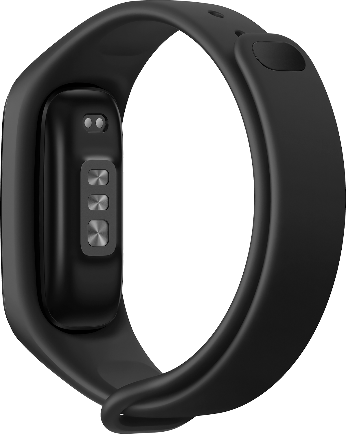 Zwarte fitnesstracker. Het heeft een scherm en een band. De band is ovaalvormig.