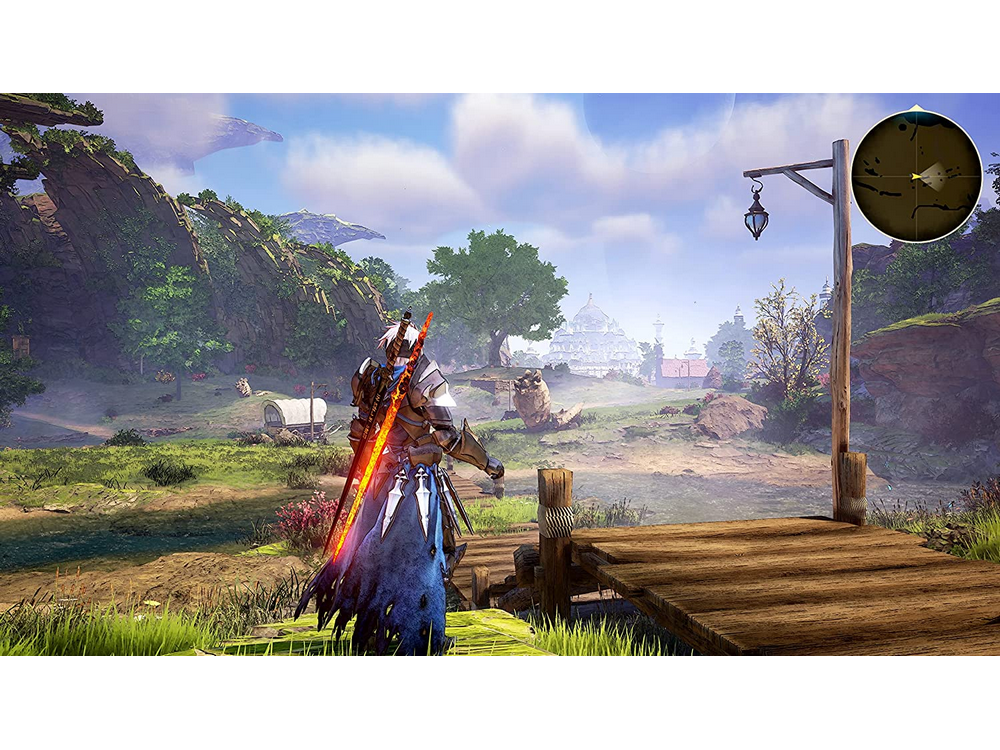 Captura de pantalla del juego: un personaje con una espada llameante está en un muelle de madera, fondo escénico.