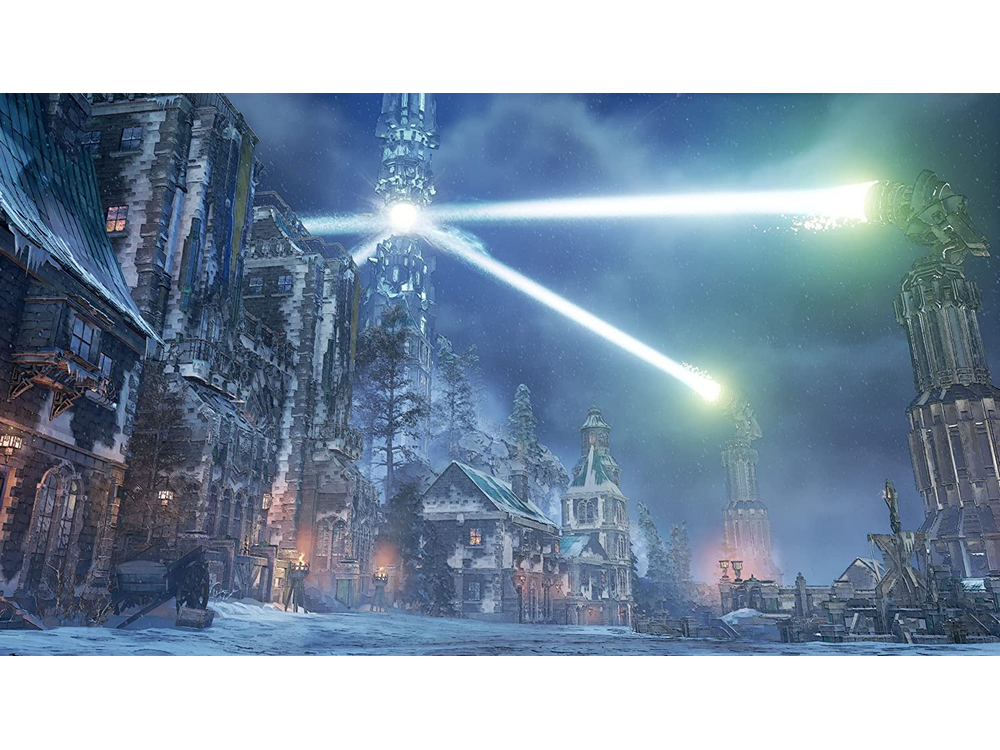 Una escena de arte digital con torres, edificios y haces de luz en un entorno nevado.