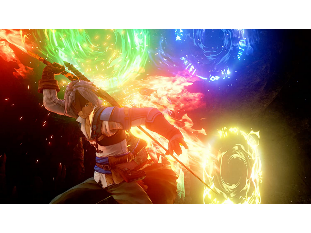 Un personaje con un arma brillante frente a un portal de energía. Escena colorida y dinámica.