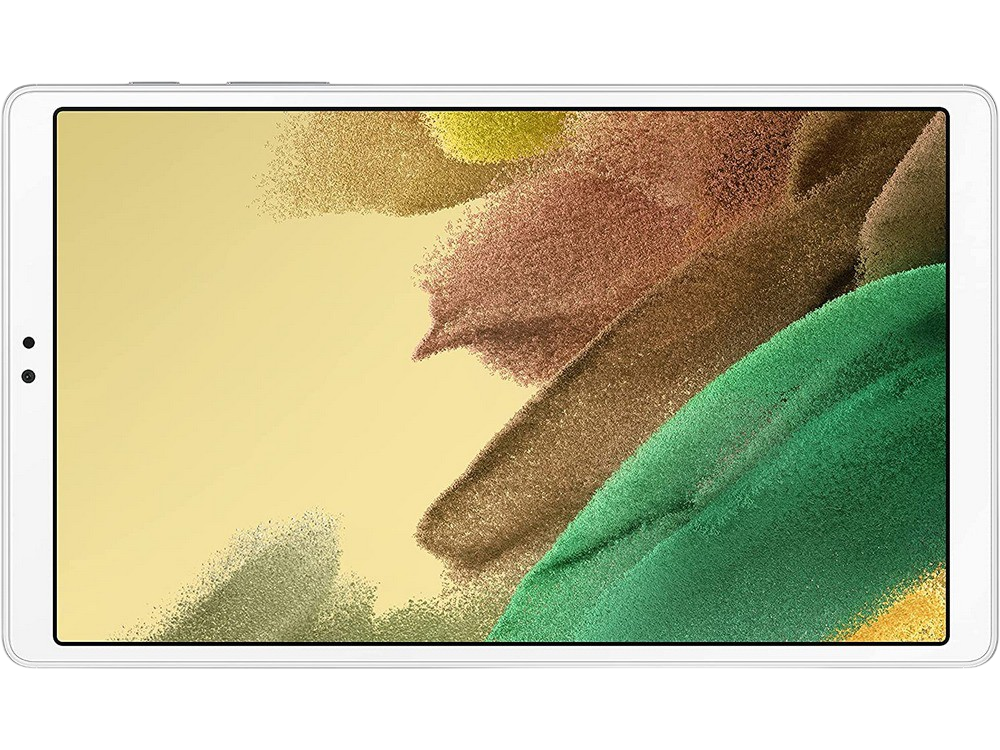 Tableta blanca. La pantalla muestra una imagen abstracta con colores amarillo, verde y marrón.