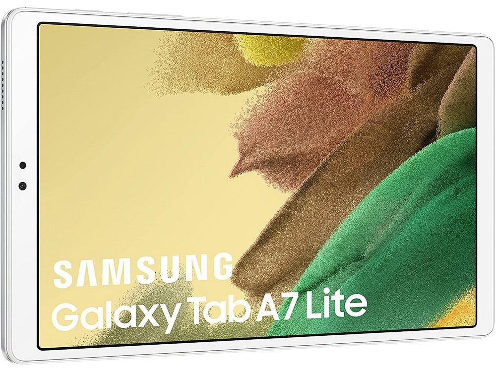 Tableta blanca. La pantalla muestra las palabras 'SAMSUNG Galaxy Tab A7 Lite' en blanco sobre un fondo verde.