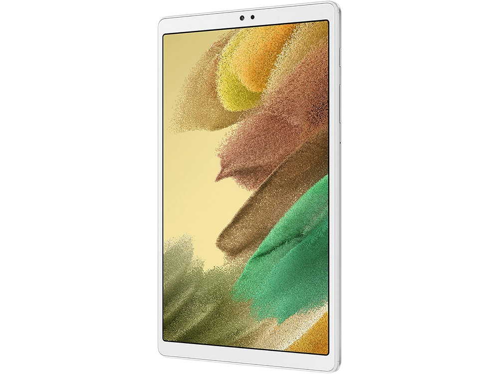 Tableta con pantalla colorida en una funda, vista en ángulo.