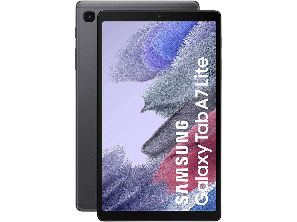 Tableta gris Samsung Galaxy Tab A7 Lite de pie, con otra detrás.