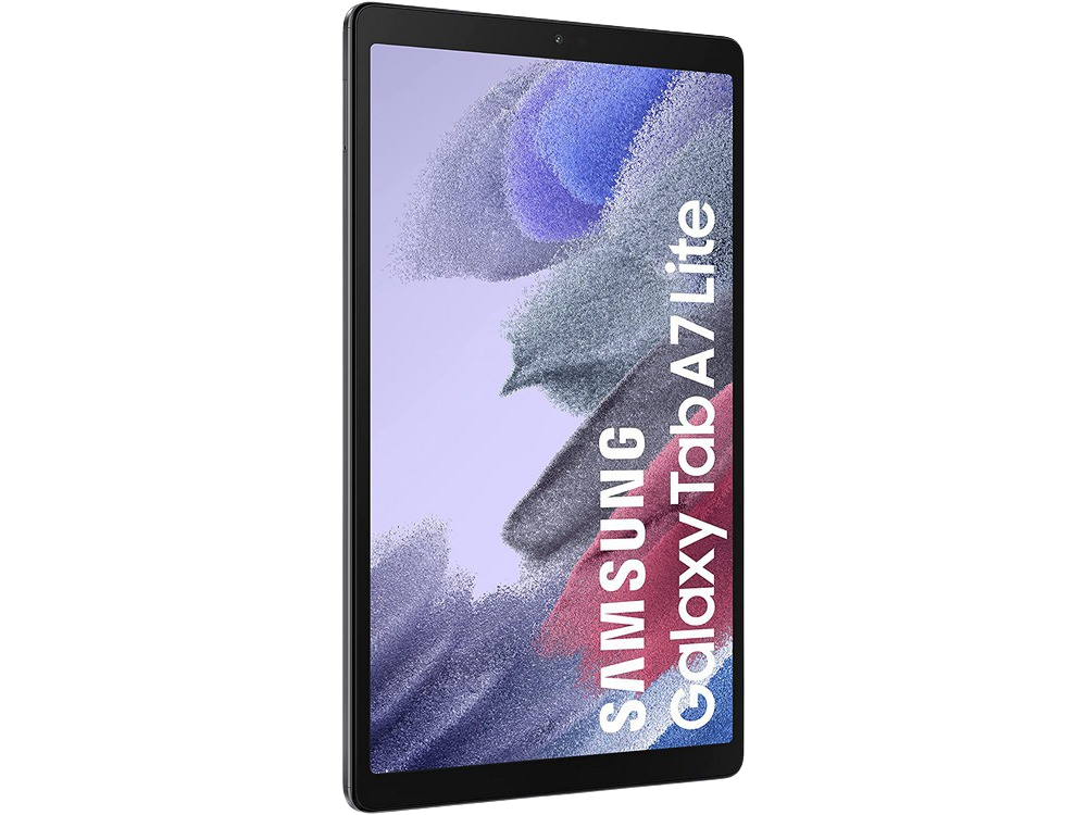 Tableta negra, Samsung Galaxy Tab A7 Lite, mostrando una pantalla con fondo floral.