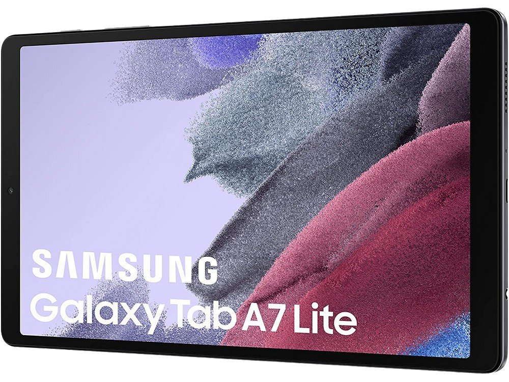 Una tableta negra con las palabras 'SAMSUNG Galaxy Tab A7 Lite' en la pantalla.