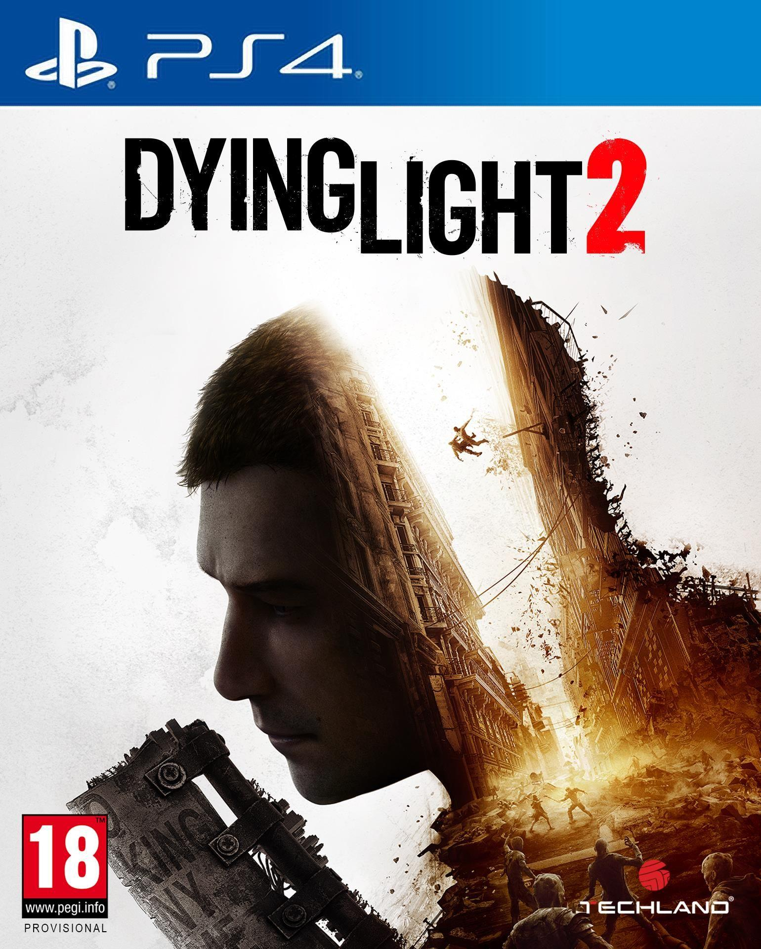 Dying Light 2 game cover: Profiel van een man, gebouw achtergrond, logo en leeftijdsclassificatie.