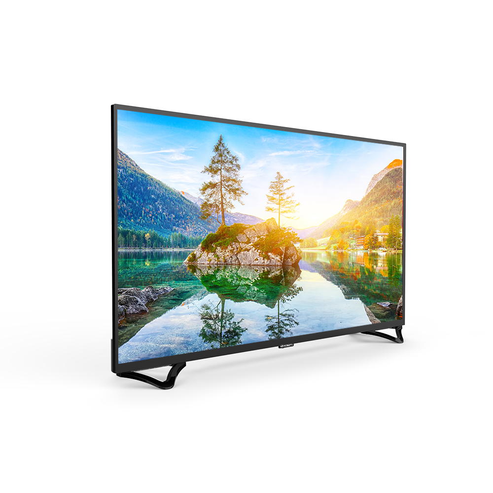 TV, dağlar, ağaçlar ve güneşli bir gökyüzü ile bir göl sahnesi gösteriyor. TV siyah renkte ve iki siyah ayak üzerinde duruyor.