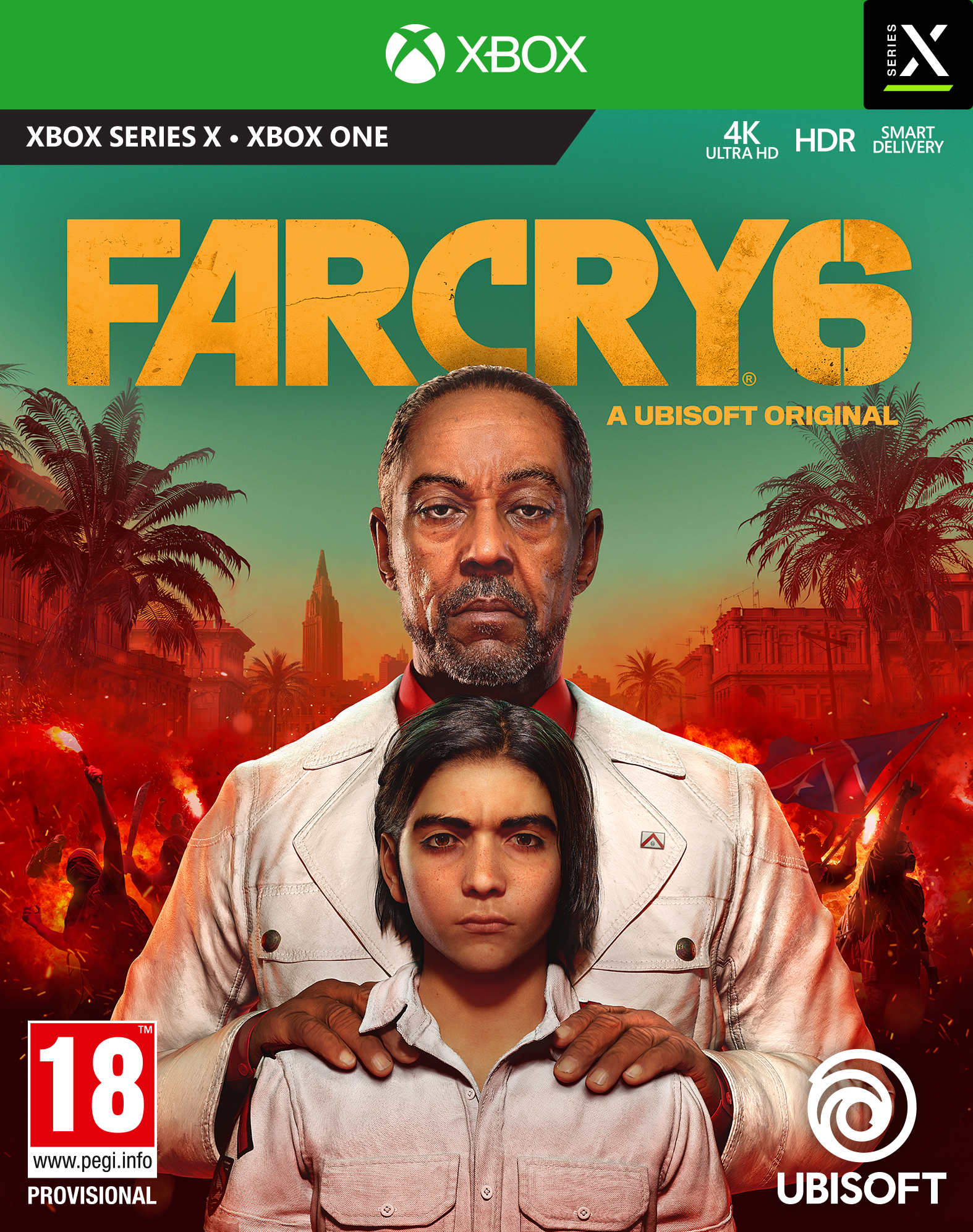 Far Cry 6 gamecover. Een man in een wit overhemd en een jongen op de voorgrond.