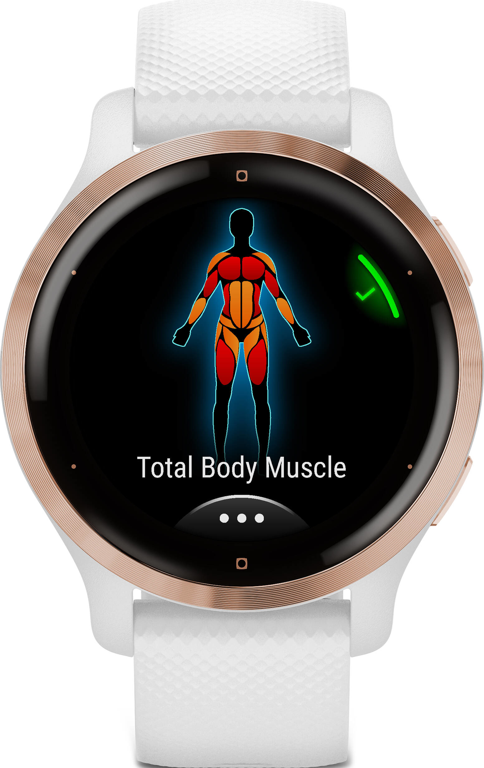 Smartwatch, das Muskelzonen des Körpers zeigt. Rote, orange und gelbe Bereiche markiert. Weißes Band.