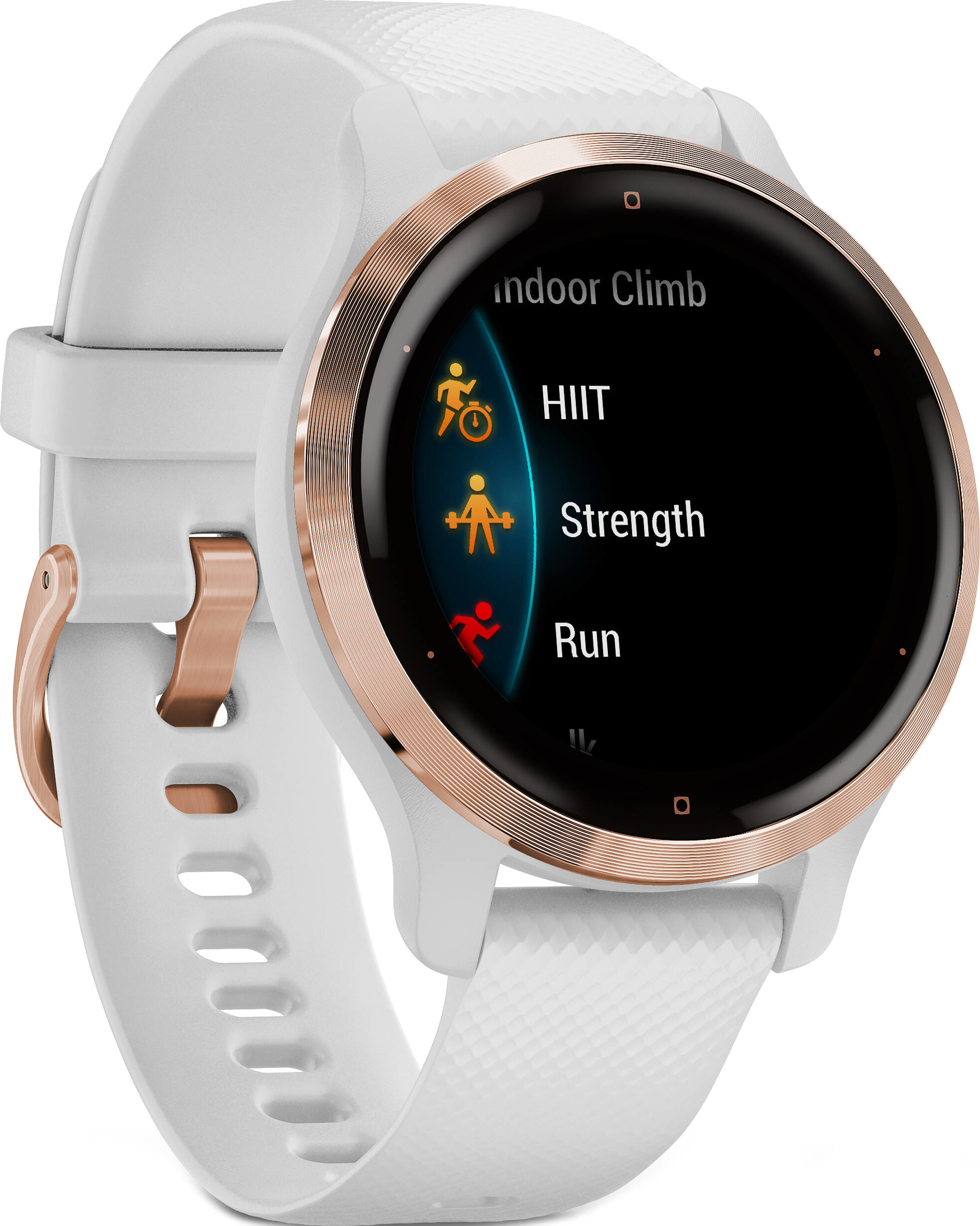 Smartwatch mit weißem Armband und goldenen Akzenten. Der Bildschirm zeigt Workout-Optionen.