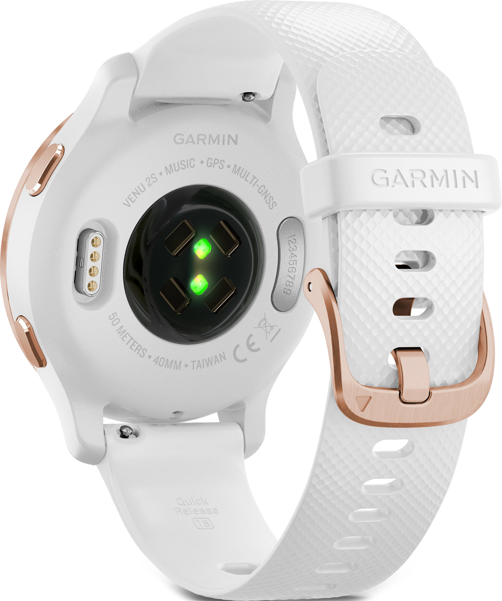 Rückansicht einer weißen Garmin Smartwatch mit Roségold. Weißes Armband mit Roségold-Schnalle.