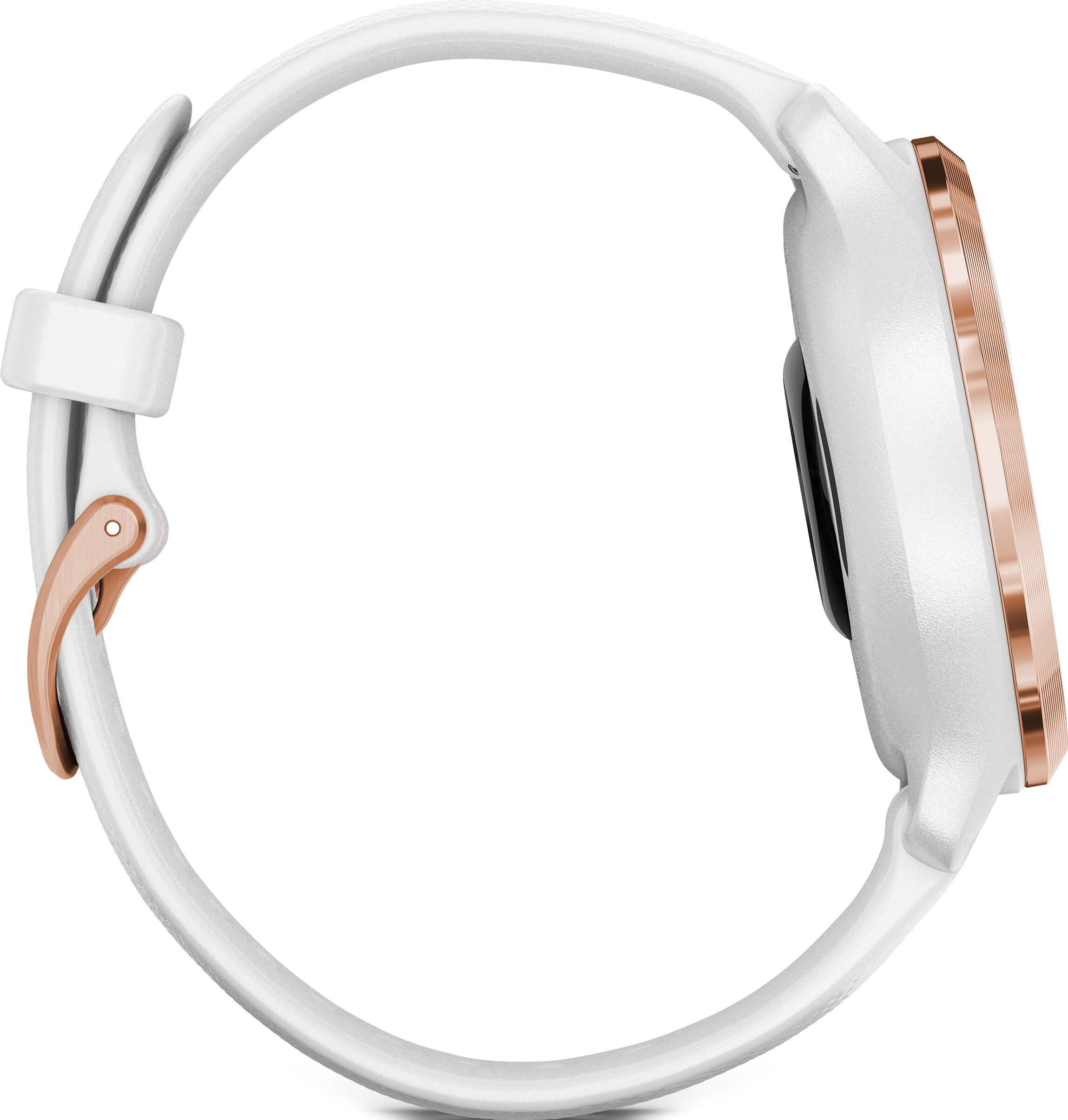 Weiße Smartwatch mit roségoldfarbener Lünette und Armbandschließe, Seitenansicht.