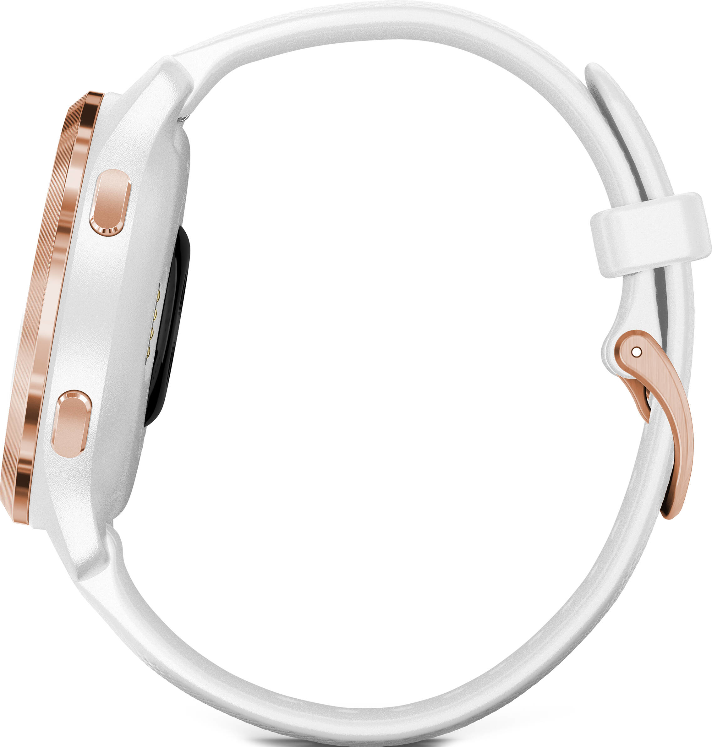Weiße Smartwatch mit goldenen Details und weißem Armband. Seitenansicht, isoliert auf Weiß.