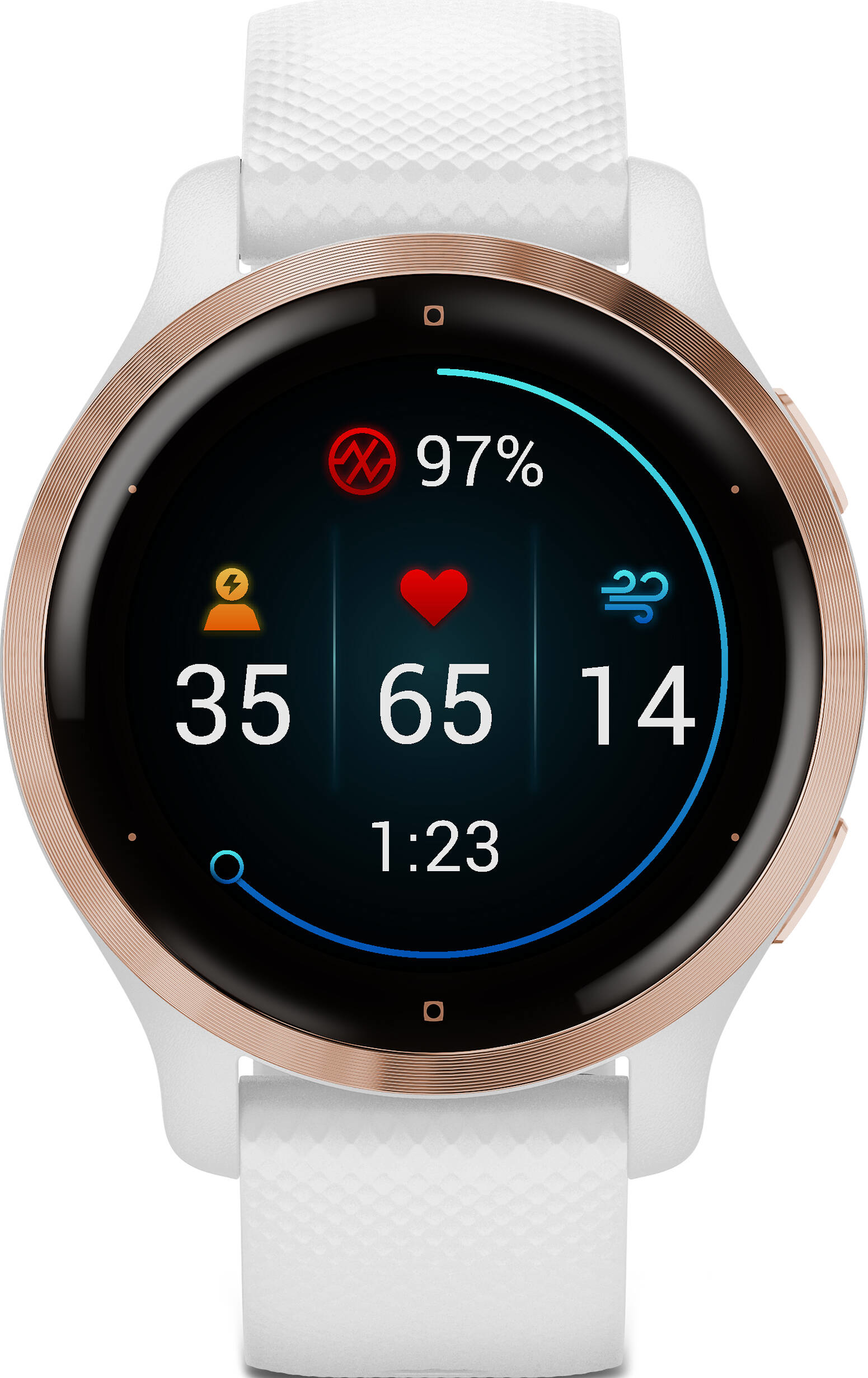 Smartwatch mit Herzfrequenz, Uhrzeit und anderen Daten.