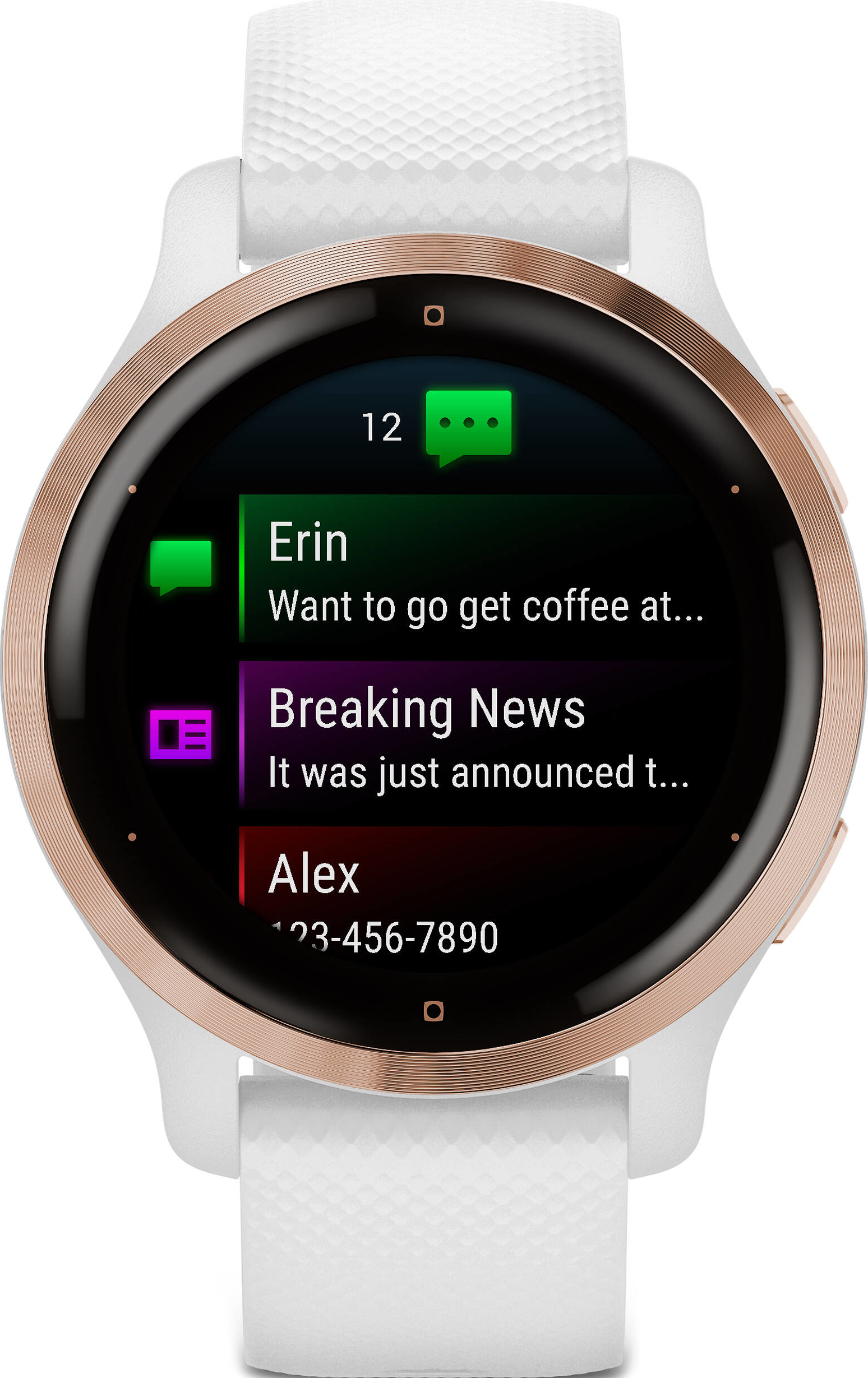 Weiße Smartwatch mit roségoldener Lünette. Bildschirm zeigt Nachrichten von Erin, Breaking News und Alex.