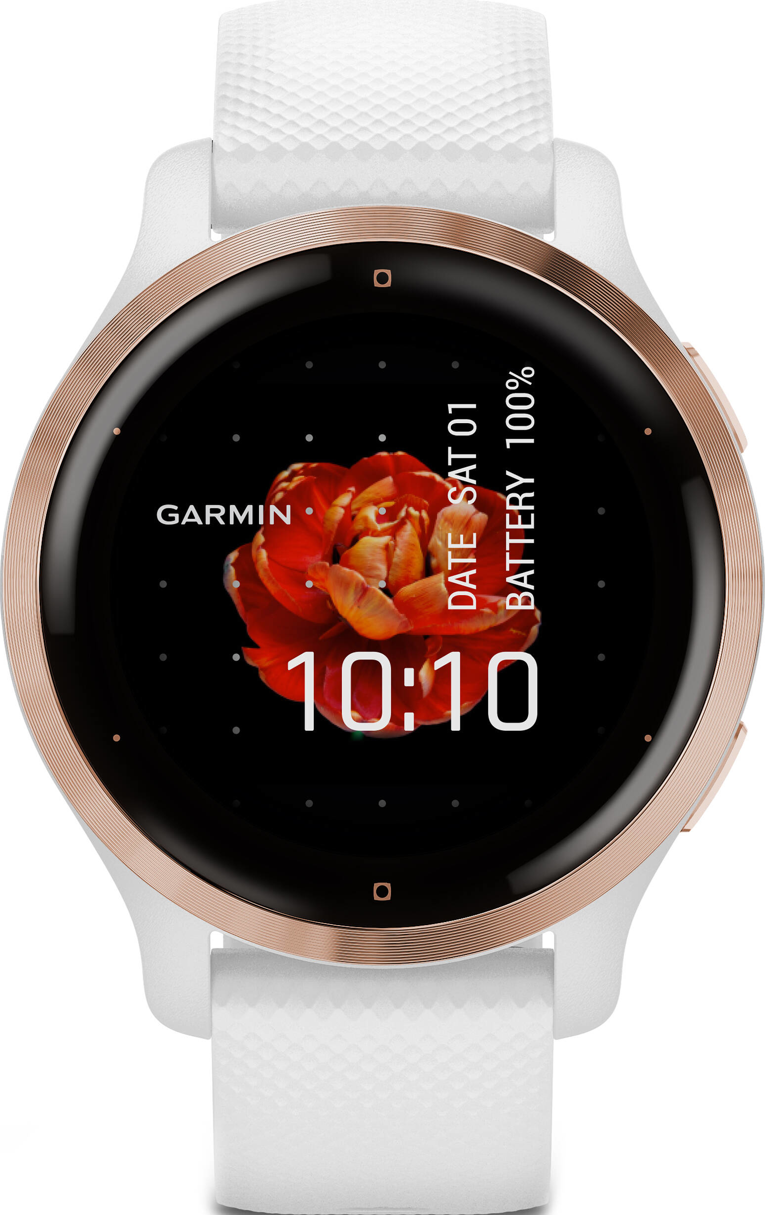 Smartwatch mit rosafarbenem Rahmen und weißem Armband. Der Bildschirm zeigt eine Blume und die Uhrzeit 10:10 an.