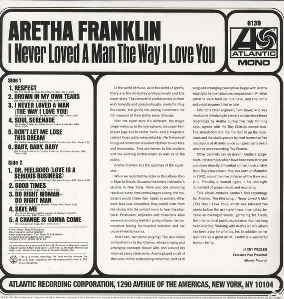 Aretha Franklin 'I Never Loved a Man' című albumának borítója. Fekete-fehér.