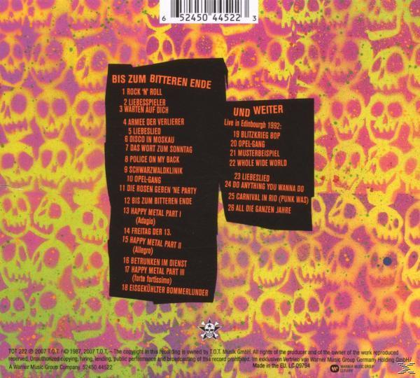 CD-Cover mit Totenkopf-Design, Titellisten auf Deutsch und Englisch. Enthält Live-Tracks und Album-Credits.