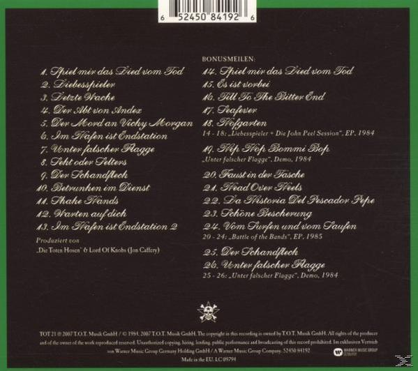 Die Rückseite einer CD mit einer Liste von Liedern auf Deutsch und zusätzlichen Details, vor grünem Hintergrund.