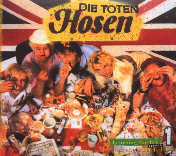 Albumcover: Gruppe isst um einen Tisch, Union Jack Hintergrund, Text 'Learning English Lesson 1'.