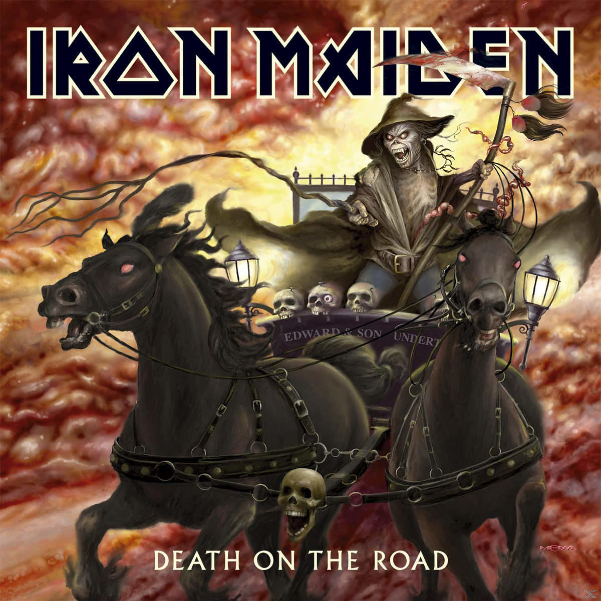 Album borító: Iron Maiden, Death on the Road. Egy csontváz alak egy lovaskocsit hajt. Koponyák és lámpások láthatók.