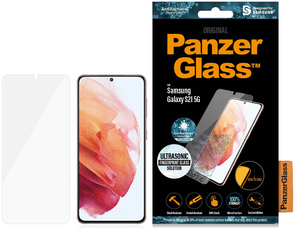 PANZERGLASS Antibacteriële Clear Case Friendly met Ultrasonische Vingerafdruktechnologie voor Samsung Galaxy S21 5G