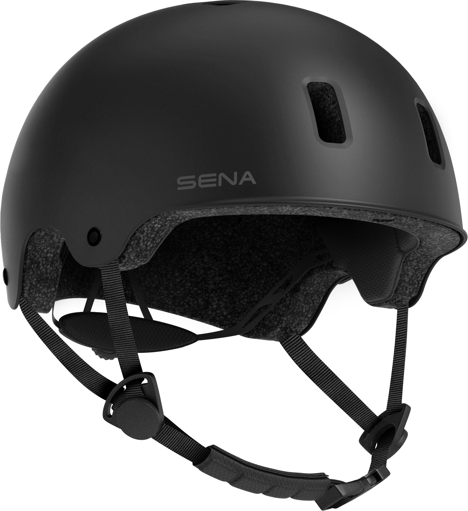 Schwarzer Helm mit Sena-Branding. Schwarze Riemen und Verstellmechanismus sind sichtbar.