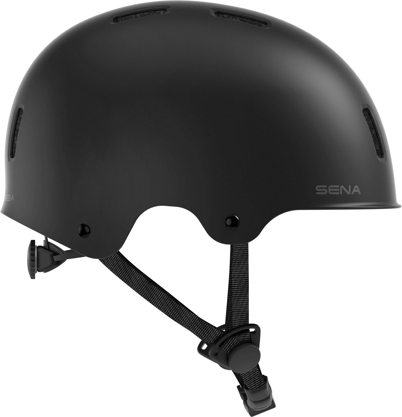 Schwarzer Helm mit Sena-Logo. Verstellbare Riemen und Belüftungsöffnungen sichtbar. Mattes Finish.
