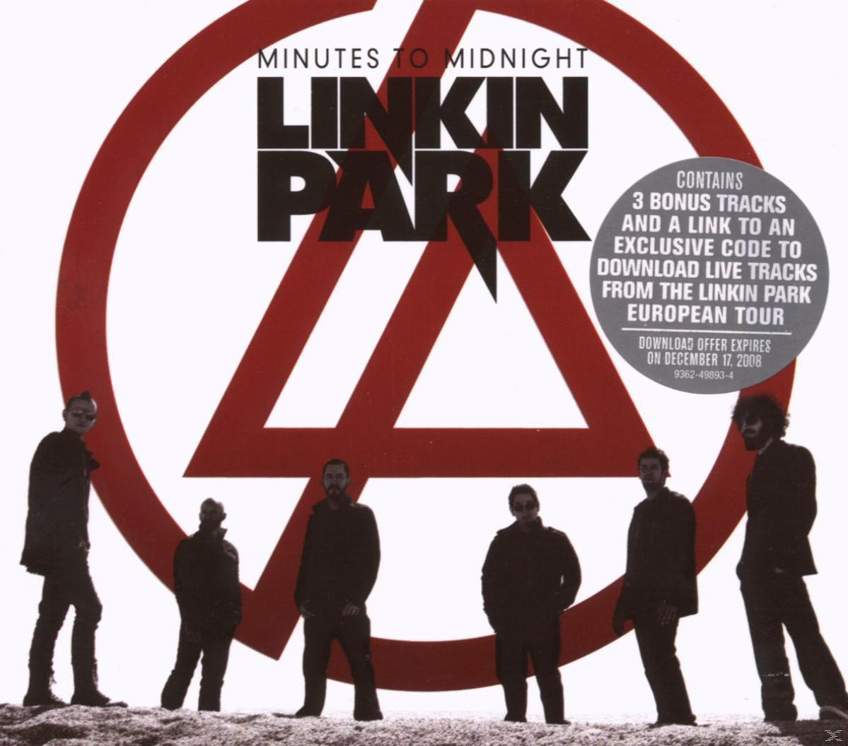 Albumcover von Linkin Parks 'Minutes to Midnight', mit den Bandmitgliedern vor einem roten Logo.