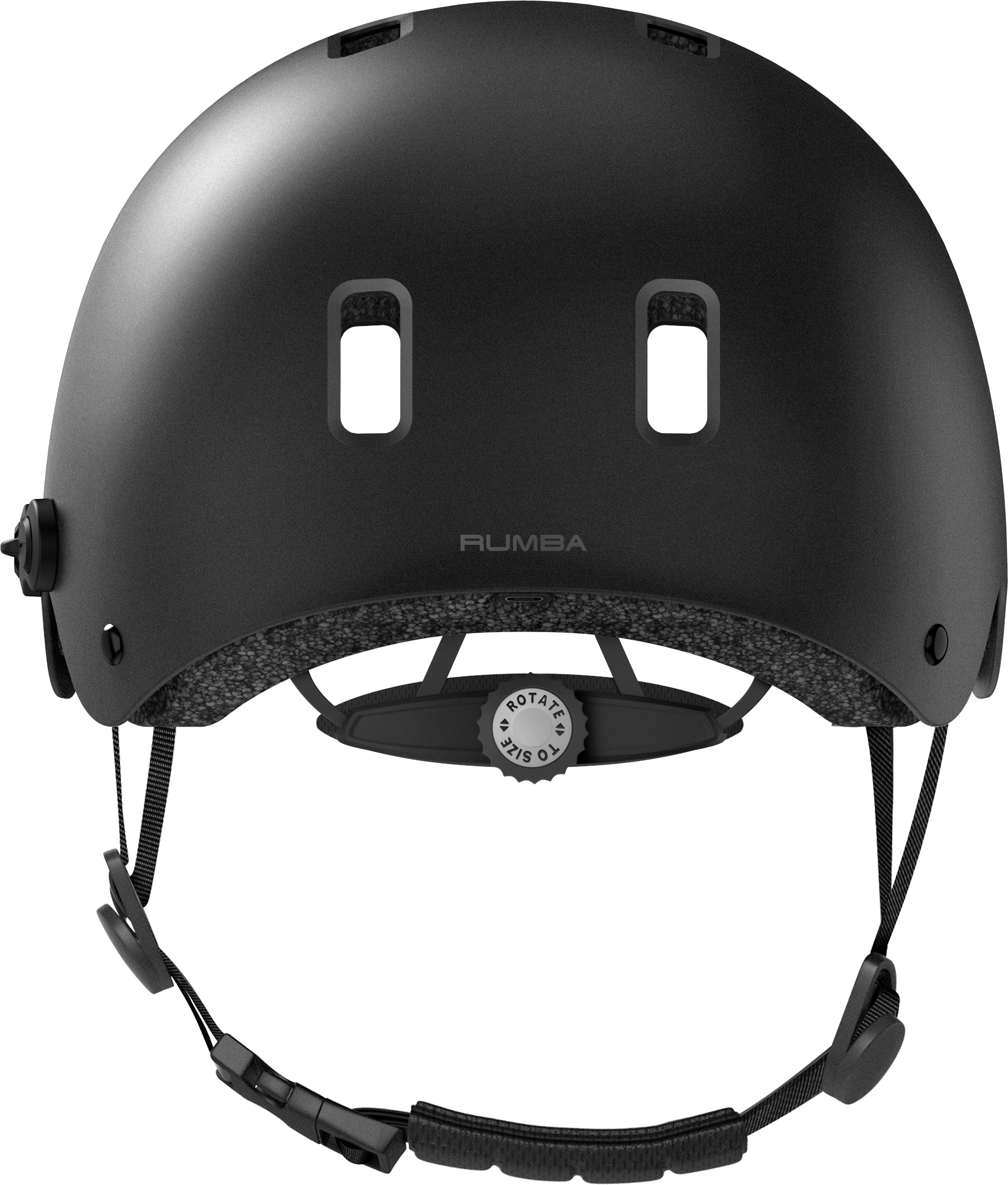 Schwarzer Fahrradhelm mit verstellbaren Riemen, einem Drehregler und zwei Belüftungslöchern.