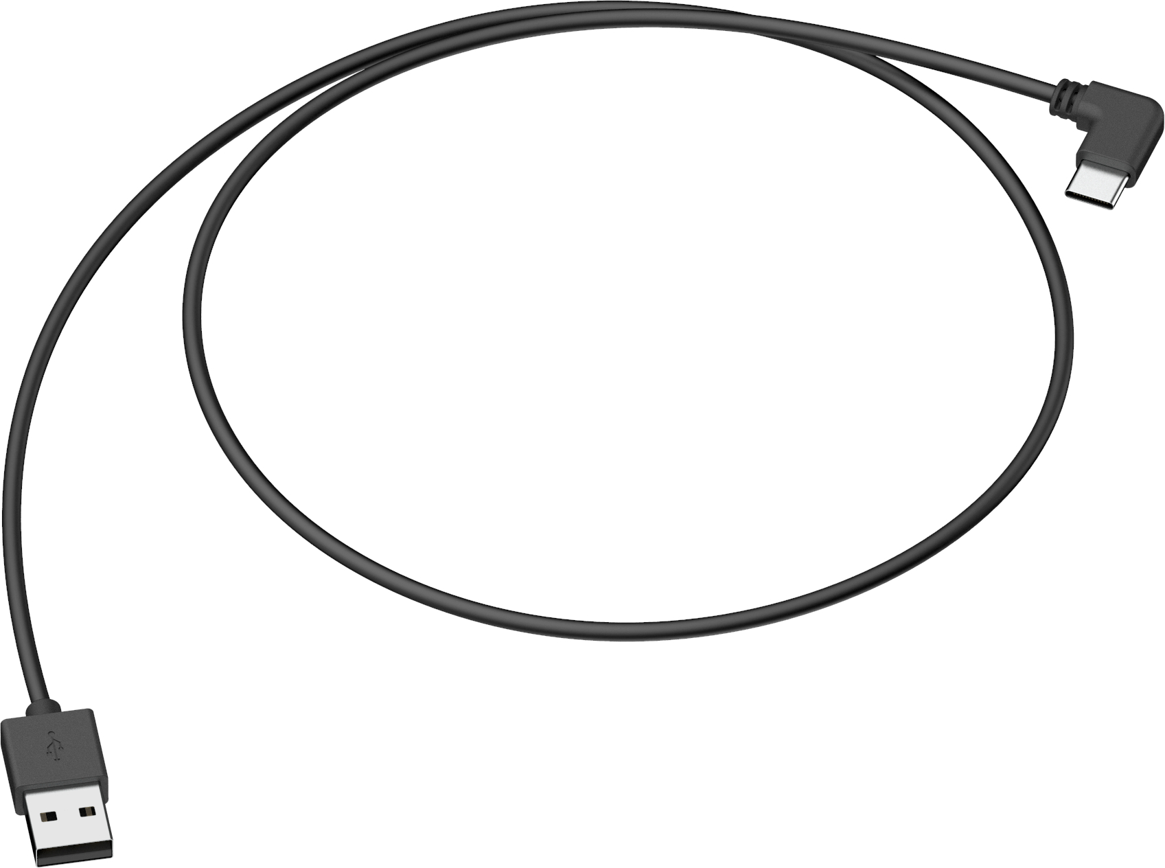 Ein schwarzes USB-C-Kabel mit USB- und USB-C-Anschluss, auf weißem Hintergrund.