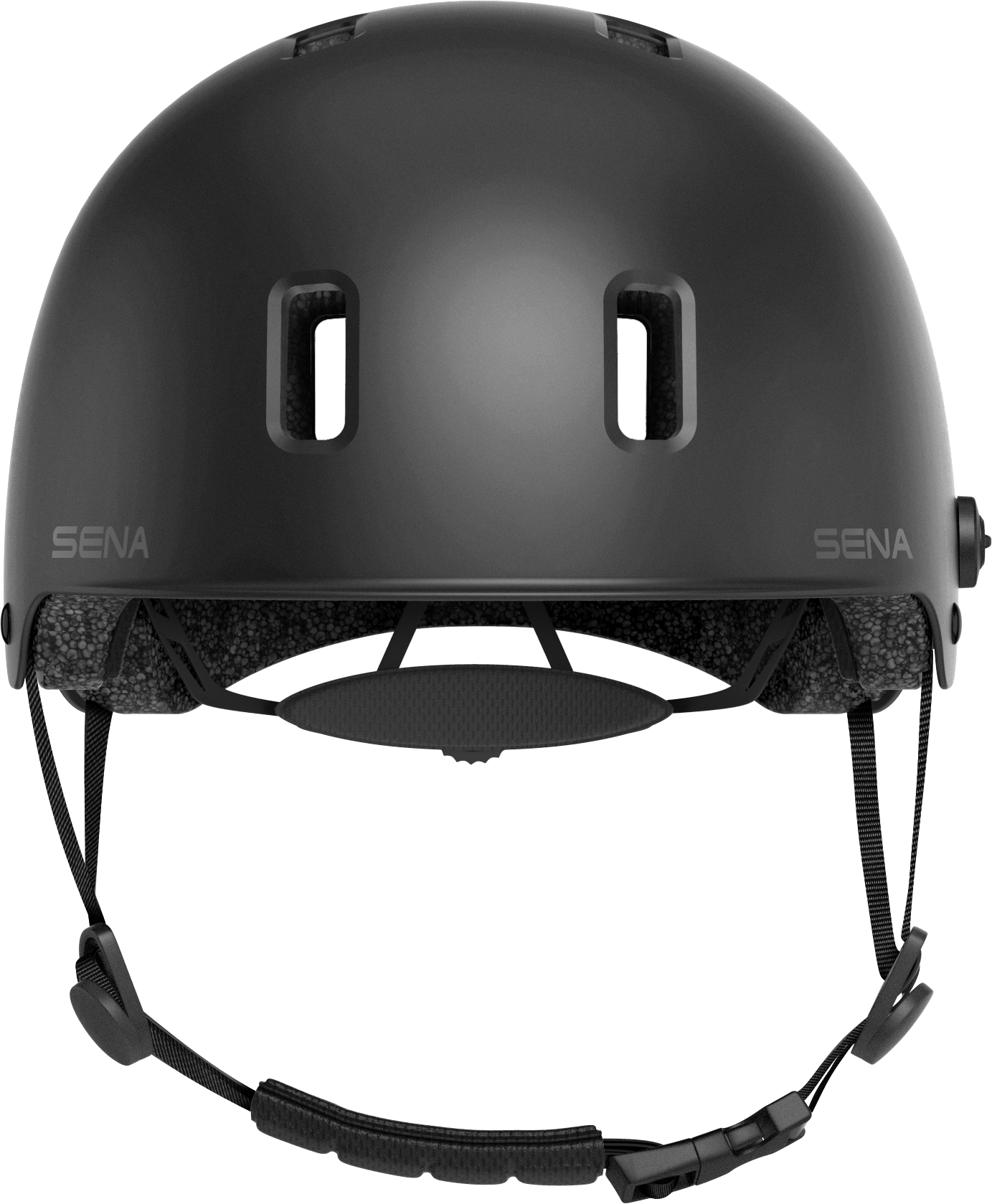 Schwarzer Fahrradhelm mit Sena-Logo, zwei Belüftungslöchern und Kinnriemen.
