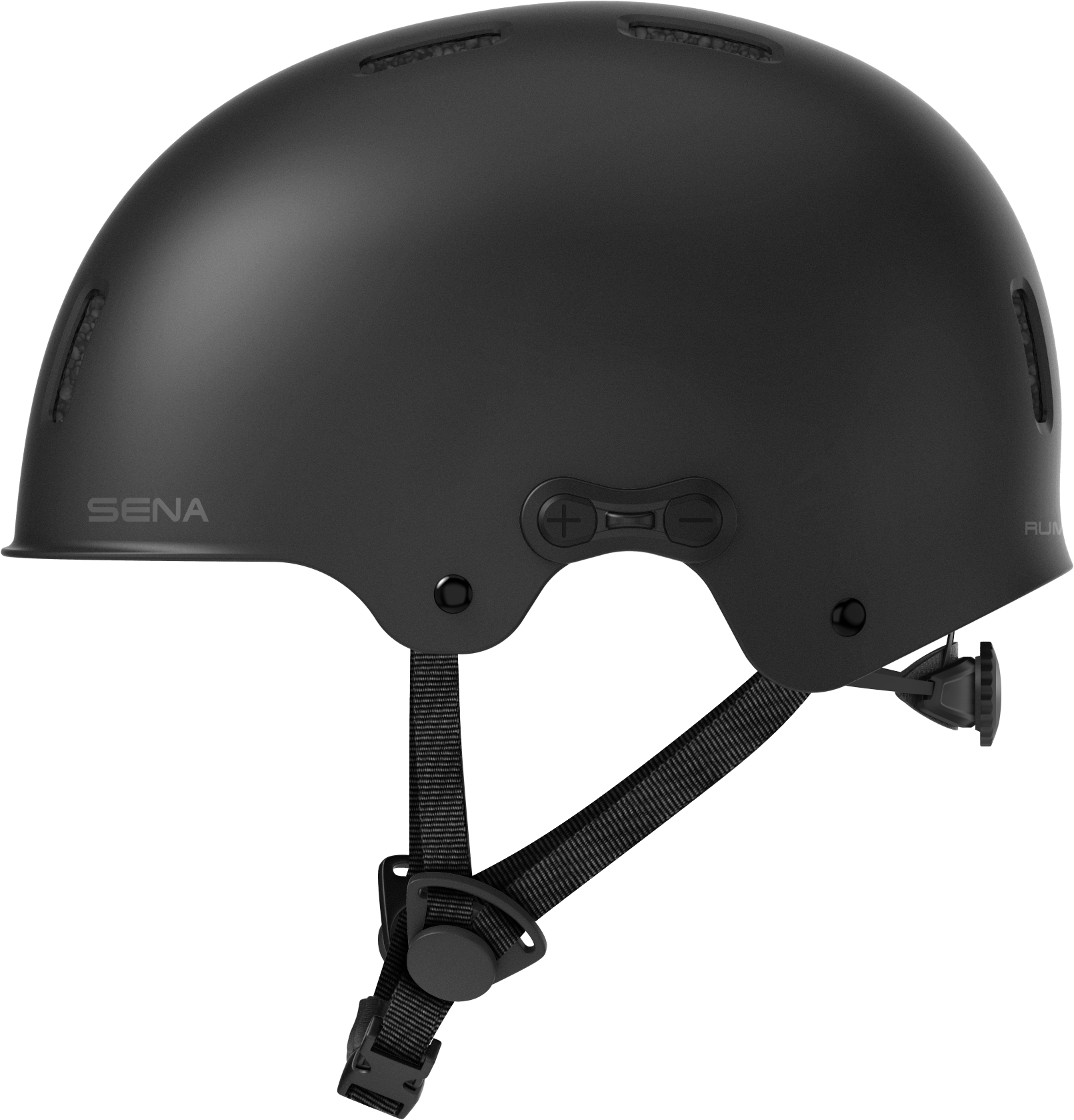 Ein schwarzer Fahrradhelm mit Riemen und dem Wort SENA an der Seite.
