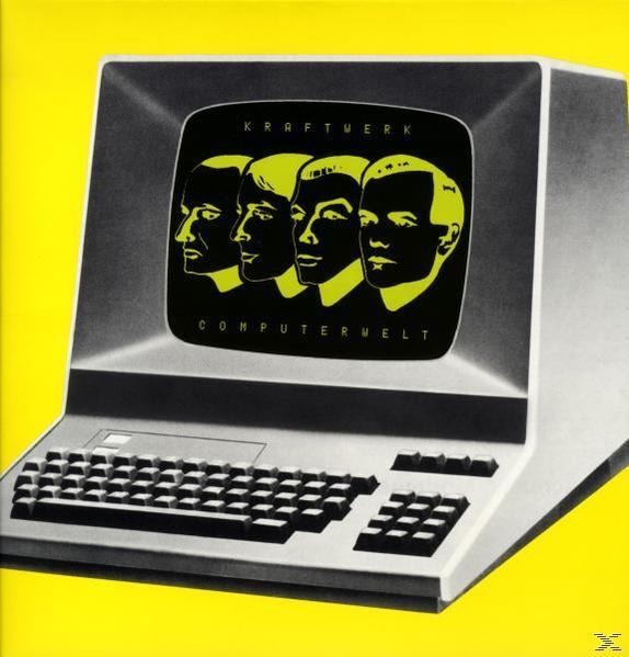 Albumcover für Kraftwerks 'Computerwelt', mit einem Computerbildschirm und vier silhouettierten Gesichtern.