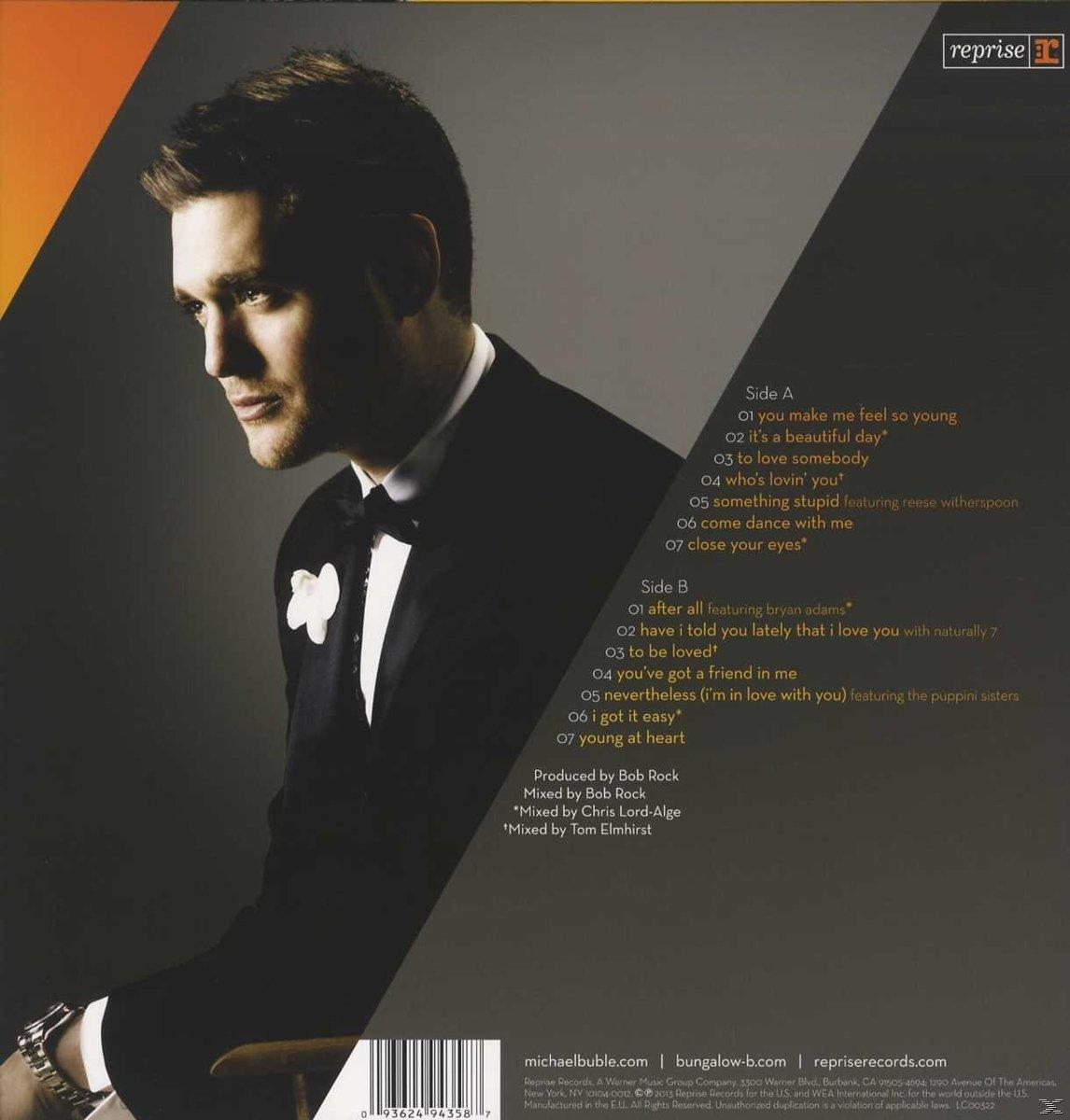 Rückseite eines Michael Bublé-Albums mit einem Mann im Anzug, Songtiteln und Text.