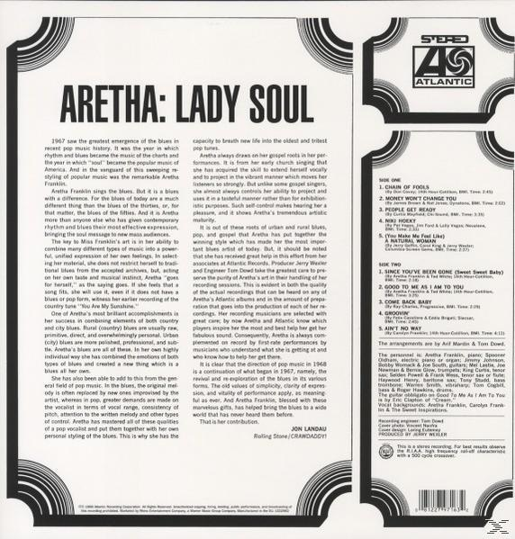 Album borító: Aretha Franklin, szöveg a karrierjéről és zenéjéről, számlista jobbra.