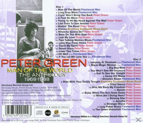 CD-Cover von Peter Greens 'Man of the World: The Anthology 1968-1988' mit Titelliste.