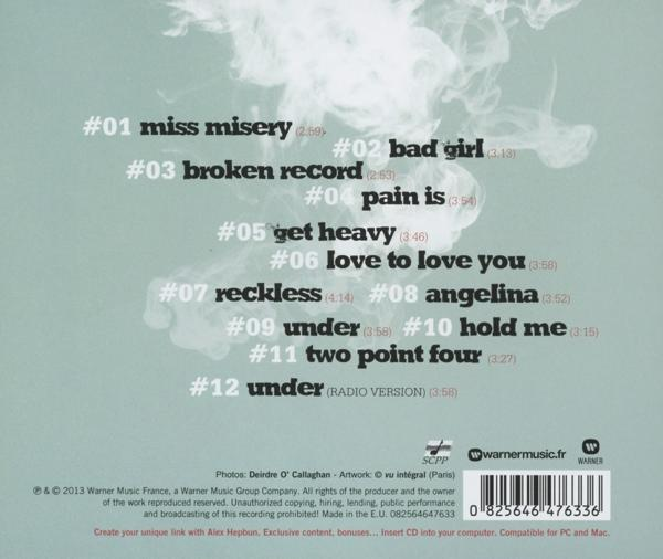 CD-Rückseite, Songtitel, weißer Text auf tealfarbenem Hintergrund.