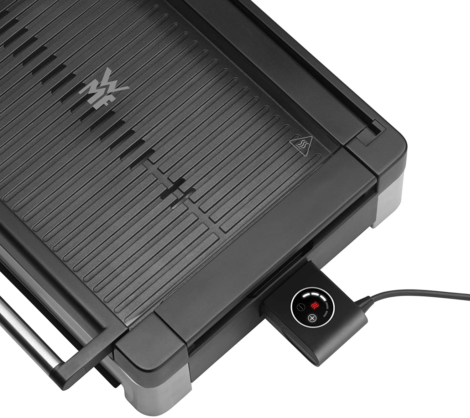 Schwarzer Elektrogrill mit Bedienfeld und WMF-Logo. Draufsicht.