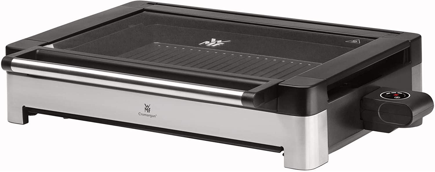 Silber-schwarzer Elektrogrill mit Glasdeckel, freigestellt auf weißem Hintergrund.