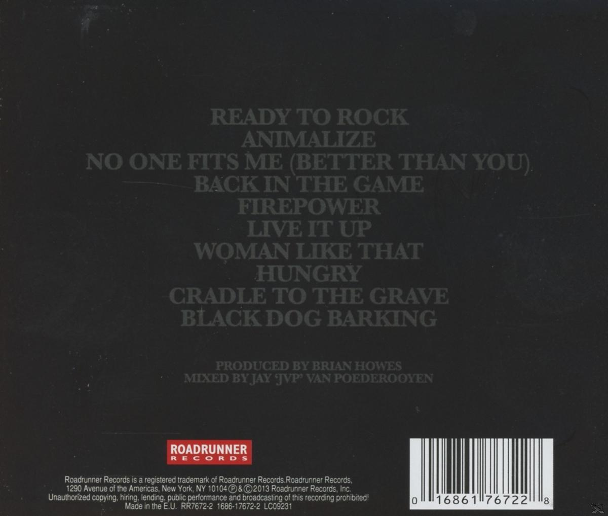 Album borító, dalszövegekkel: Ready to Rock, Animalize és mások. Brian Howes producer. Roadrunner Records logó.