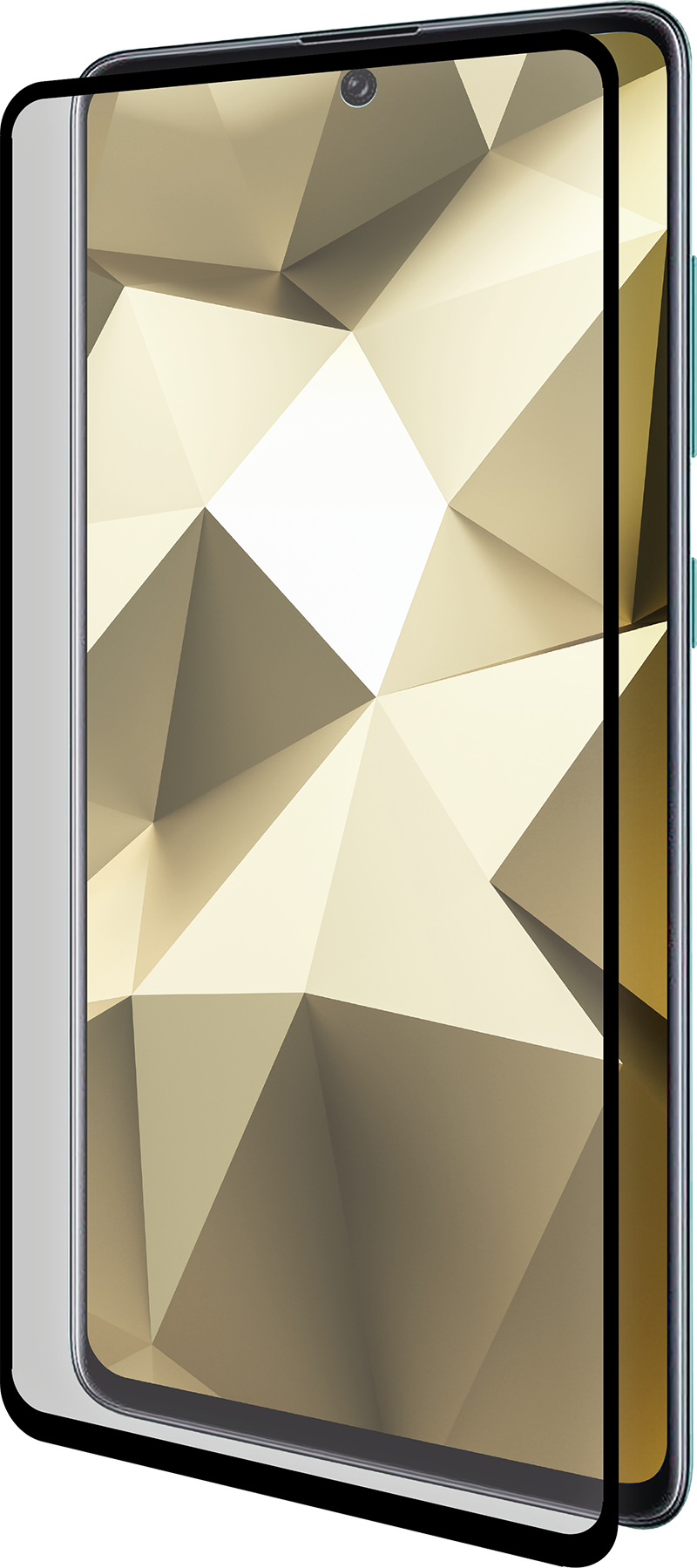 Smartphone met aangebrachte schermbeschermer. Gouden polygonale achtergrond. Zwarte rand.