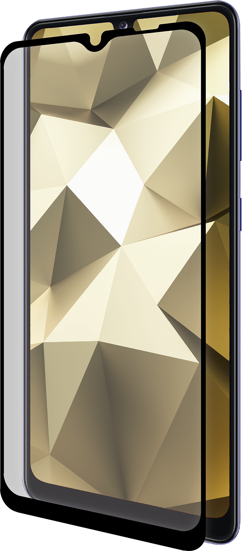 Een smartphone met een schermbeschermer. De telefoon staat schuin en toont de gouden geometrische achtergrond.